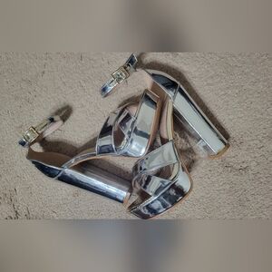 Fever Shiny Silver Chunky Block 7.5 Heels